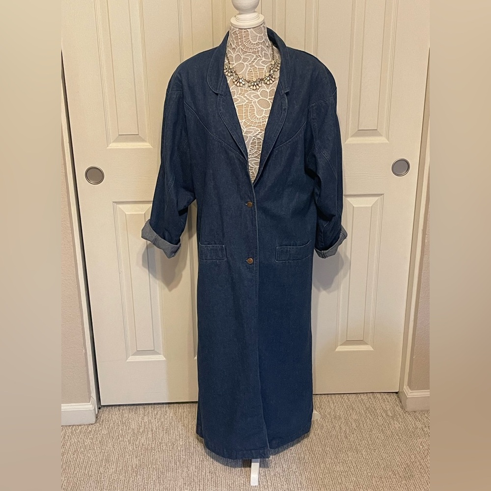 VINTAGE "GOTCHA COVERED JEANSWARE *BLUE DENIM*WOMEN'S DUSTER COAT SIZE Medium